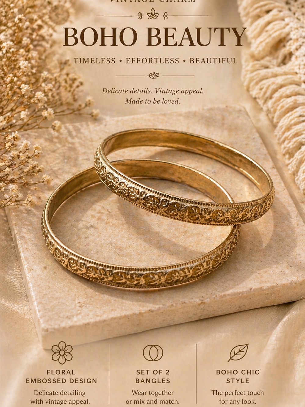 Set of 2 Gold Floral Embossed Bangles – Vintage Boho Chic